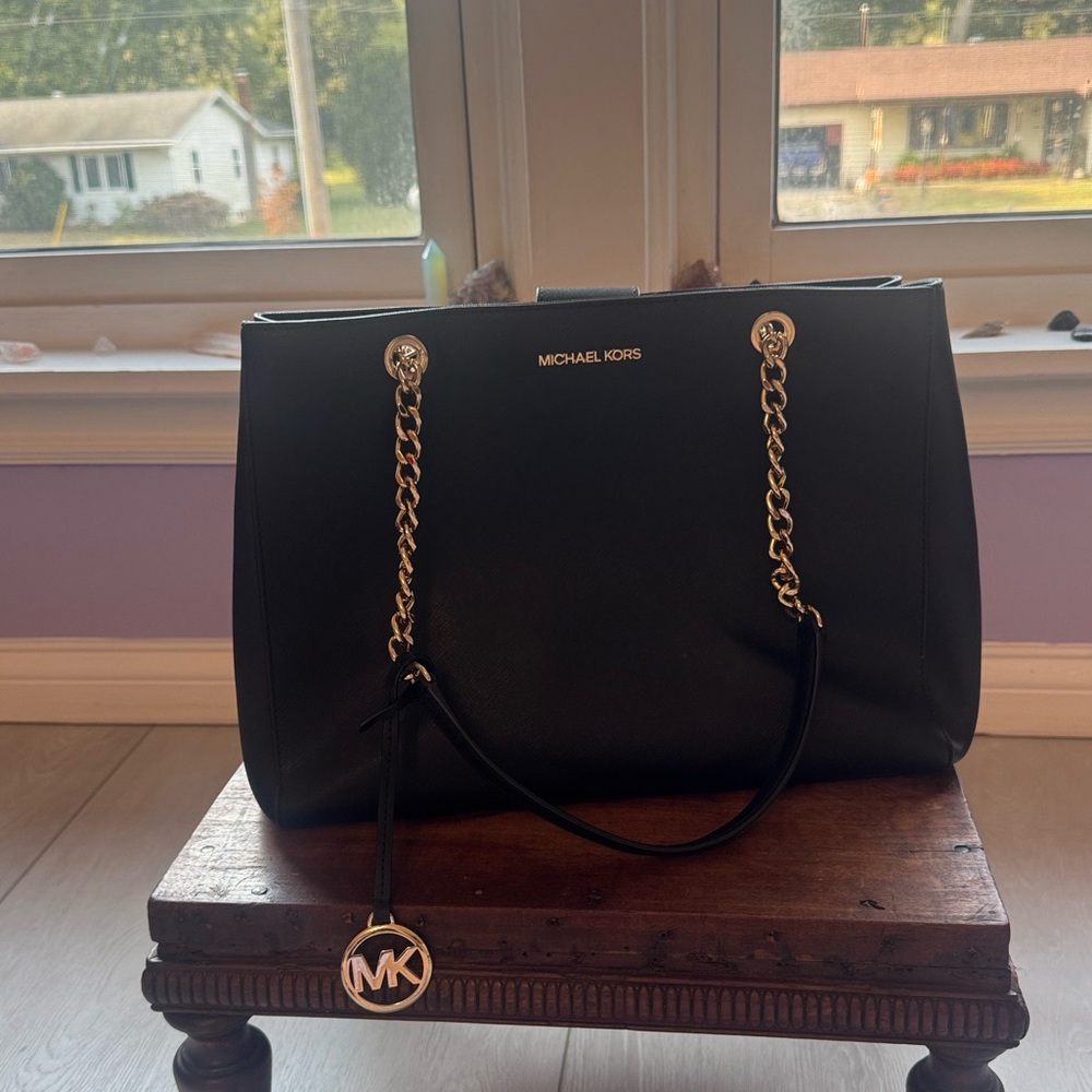 Michael Kors Black Handbag with Gold Chain Detail